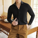 WIAOFELLAS  -  Plus Size Long Sleeve V-Neck Solid Shirts for Men Autumn Spring Slim Fit Business Formal Mens Shirt Fashion Trendy Mens Clothing