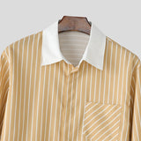 WIAOFELLAS  -  Men Shirt Striped Patchwork Lapel Long Sleeve Pockets Men Clothing Streetwear Loose Fashion Casual Tops Male Shirts