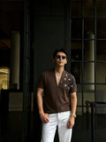 Wiaofellas  -  Summer Embroidered V-neck T-shirt for Men Cotton Short Sleeved Casual T-shirt Relaxed Beach Vacation T-shirts Men Clothing
