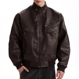 WIAOFELLAS  -  Vintage Texture PU Leather Jacket Men Spring Streetwear Fashion Mens Cropped Jacket Coat Stylish Stand Collar Leather Coats