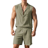 Wiaofellas  -  Men's Linen Sleeveless Shirt and Shorts Set Casual Two Piece Outfit