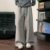 WIAOFELLAS  -  Koreann Style Men Sweatpants Casual Solid Color Drawstring Straight Fleece Bottom Elastic Waist Wide Leg Male Pants