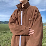 WIAOFELLAS  -  Retro Corduroy Brown Brown Coffee Jacket Men's American Fashion Brand Plus Size Loose Baseball Uniform Autumn Maillard Outfit