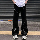 WIAOFELLAS  -  American High Street Style Zipper Design Jeans For Men 2025 Spring And Autumn New Fashion Trend Dark Style Flared Wide-Leg Pants