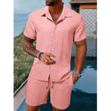 WIAOFELLAS  -  Fashion Men Two Piece Sets Cardigan Short Sleeve Lapel Shirts And Short Pant Men Stripe Outfit Summer Casual Loose Suit