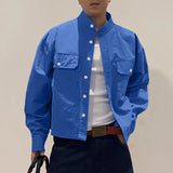WIAOFELLAS  -  Men Shirt Solid Color Stand Collar Long Sleeve Button Men Clothing Streetwear Fashion Loose Casual Tops Male Shirts