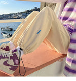 WIAOFELLAS  -  Trendy White Dstring Trousers for Men Casual Loose Fit Low Waist Long Pants Youthful Energy Sle Summer Thin Material