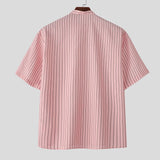 WIAOFELLAS  -  Men Striped Shirt Summer Stand Collar Short Sleeve Casual Men Clothing Streetwear 2025 Fashion Loose Male Shirts S-5XL