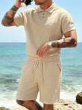 Wiaofellas  -  Men Short Sleeve Tops And Shorts Two Piece Suits Fashion  Breathable Sets Leisure Linen Loose Solid Color Summer Outfits