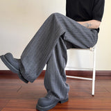 WIAOFELLAS  -  Vintage Striped Textured Lace-up Trousers Men Streetwear Fashion Loose Straight Pants Mens Spring Trendy Pleated Draped Bottoms
