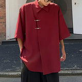 WIAOFELLAS  -  Chinese Style Ice Silk Short Sleeved Shirts Men's Metal Buckle Solid Color Lapel Oblique Placket Male Loose Cloth