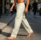 Wiaofellas  -  Men Summer Cotton Linen Drawstring Casual Pants Solid Color Loose Wide Leg Trousers Breathable Elastic Waist Daily Beach