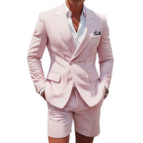 WIAOFELLAS  -  Men's Pink Striped Peak Lapel Single Breasted Suit Set Blazers Short Pants Daily Casual Sporty Suit For Wedding Banquet Suits
