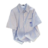Wiaofellas  -  Loose Fit Men's Striped Shirt Short Sleeve Polo Neck Button Detail Daily Wear Summer Fashionable Versatile Polyester Shirt