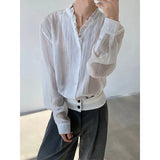 Wiaofellas  -  Sexy Thin Long Sve Men's irt Spring Summer Transparent Ethereal Wood Ear Design Urban Faion Polyester Fiber Breathable