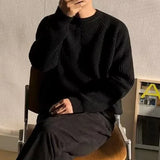 Wiaofellas  -  Streetwear Fashion Mens Knit Sweaters Spring Autumn Casual Solid Color Long Sleeve Jumper Tops For Men Stylish Textured Sweater