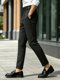 Wiaofellas  -  Men's Retro Black Business Casual Striped High-Waisted Straight-Fit Trousers with Drape Effect