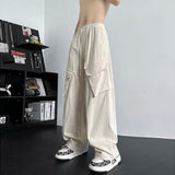 WIAOFELLAS  -  Korean Fashion Wide Leg Trousers Cargo Solid Color Elastic High Waisted Men's Clothing Spring Autumn Boyfriend Cropped Pants