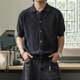 WIAOFELLAS  -  Men's Solid Color Knitted Short-Sleeved Shirt American Retro Fashion Trend Loose Casual Simple Breathable Niche New Men's Tops