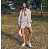 Wiaofellas  -  Men's Blue Vertical Striped Long-Sleeved Shirt, Korean Style High Quality Casual  Shirt Coat， Travel ，Hiking