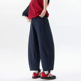 WIAOFELLAS  -  Simple Men's Casual Pants Drawstring Design Solid Color Bottom Elastic Waist Straight Wide Leg Loose Male Trousers