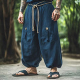 WIAOFELLAS  -  Spring Autumn Men Cotton Linen Pants Solid Loose Big Waistband Wide-leg Trousers Vacation Oversized Breathable Vintage Pants
