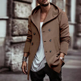WIAOFELLAS  -  Autumn And Winter New Mens Medium-Length Windbreaker Fashionable Lapel Hooded Double-Breasted Solid Color Casual Windbreaker Men