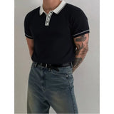 Wiaofellas  -  British Style Contrasting Knitted Polo Shirts for Men Slim Casual Business Social T-shirt Ice Silk Cool Elastic Lapel Tshirts