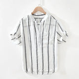 Wiaofellas  -  Literature and Art Retro Stripe Linen Short Sleeve Shirt Men's Loose Stand Collar Linen Shirt