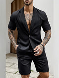 WIAOFELLAS  -  Trendy Mens Short Sleeve Suits Casual Solid Color Buttoned Short Sleeve Lapel Shirt And Shorts Two Piece Sets Men Summer Suits
