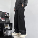 WIAOFELLAS  -  Korean Fashion Wide Leg Trousers Cargo Solid Color Elastic High Waisted Men's Clothing Spring Autumn Boyfriend Cropped Pants