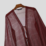 Wiaofellas  -  Men T Shirt Striped Long Sleeve Mesh See Through Man Cardigan Long Style T-shirts Streetwear Lace Up Fashion Men Clothes