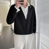 Wiaofellas  -  Mens Polo Collar Sweatshirt Fake Two Piece Casual Slim Fit Pullover Top