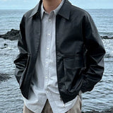 WIAOFELLAS  -  Lapel Men PU Leather Jackets Worn Out Large Pocket Solid Color Baggy Male Short Coats High Street Spring New Stylish