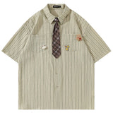WIAOFELLAS  -  Summer Preppy Style Stripe Shirt With Tie Women Korean Chic Short Sleeve Y2k All-Match Tops Vintage Harajuku Girl Blouse Clothes