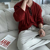 WIAOFELLAS  -  Encore red V-neck sweater men's lazy style into autumn Korean high-end outfit twisted sweater jacket
