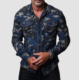 Wiaofellas  -  Men's Printed Lapel Long Sleeve Loose Shirt Multi-Pocket Casual Men's Work Shirt