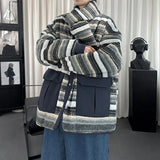 WIAOFELLAS  -  High-quality Japanese vintage with bib reversible cotton design striped coat