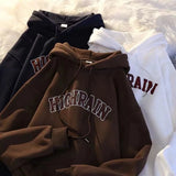 Wiaofellas  -  American Style Casual Hoodie Letter Print Loose Fit Unisex Autumn Winter Versatile Couple's Wear Cotton Long Sleeve Coat