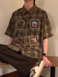 WIAOFELLAS  -  Streetwear Mens Vintage Shirts Short Sleeve Buttoned Lapel Patchwork Plaid Shirt For Men Summer Casual Bears Embroidery Shirts