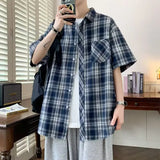 Wiaofellas  -  Trendy Summer Elegant Short Sleeve Plaid Shirt Men's American Casual Oversized Pocket T Shirts Y2K Streetwear Camisas
