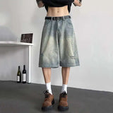 WIAOFELLAS  -  Washing Men's Denim Shorts Solid Color Hole Design Straight Jeans Woen-out Wide Leg Baggy Male Bottom Summer