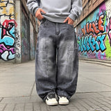 Wiaofellas  -  Loose Wide-leg Jeans Street Trend Washed Retro Loose Men's Dark Gray Fashion Pants