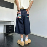 WIAOFELLAS  -  Fashion Men's Gradient Letter Print High Street Denim Shorts Vintage Wash Loose Straight Short Pant Male