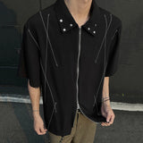 WIAOFELLAS  -  Niche Design Men's Shirts Double Zippers Metal Short Sleeved Ammerican Loose Summer Line Contrast Color Male Cloth 24K3796