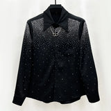 Wiaofellas  -  Mens Sexy Diamond Shoulder Pad Shirt Autumn Genderless Fashion Lazy Style Nightclub Performance Loose Long Sleeve Shirt Unisex