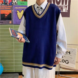 WIAOFELLAS  -  Sweater Vest Men Retro V-neck Vintage Campus Fashion Winter Japanese College DK Loose Basic Knitting All-match Trendy Chandails
