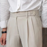 Wiaofellas  -  Old Money Aesthetic Mens Suit Trousers Stylish Belt Buttoned High-waisted Pants Men Fall Vintage Solid Color Slim Straight Pants