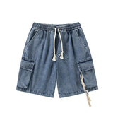 WIAOFELLAS  -  Washed Work Jeans Shorts Men's Summer Straight Trousers Hip-hop Retro Casual Five Trousers Elastic Waist Shorts