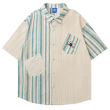 WIAOFELLAS  -  Retro Vertical Stripe Color Blocking Short Sleeve Shirt For Men Loose Versatile Fashion Casual Loose Summer Hawaiian Shirt Tees